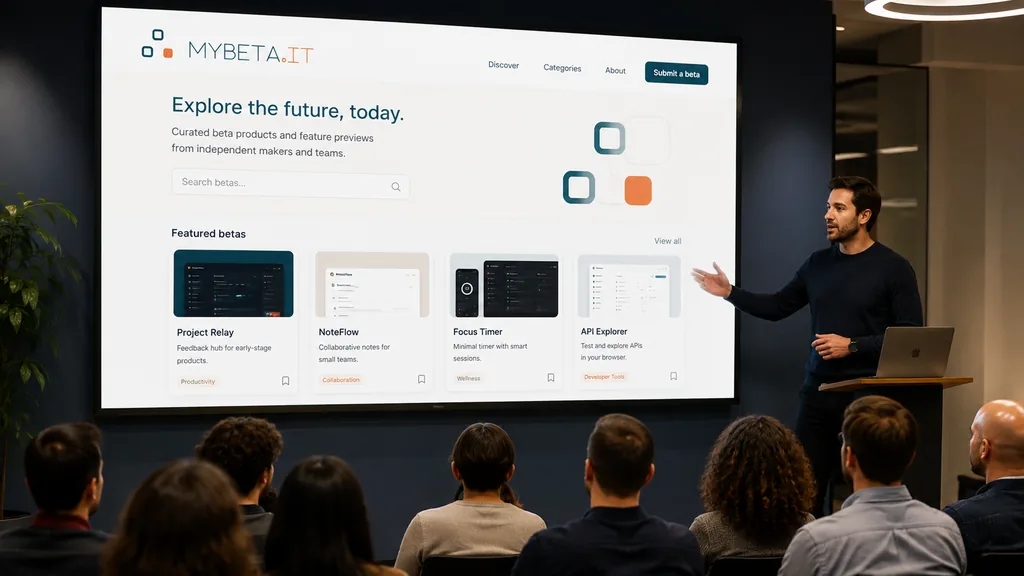 Presentazione della vetrina prodotti di mybeta.it a un pubblico in sala, con la home page proiettata su schermo