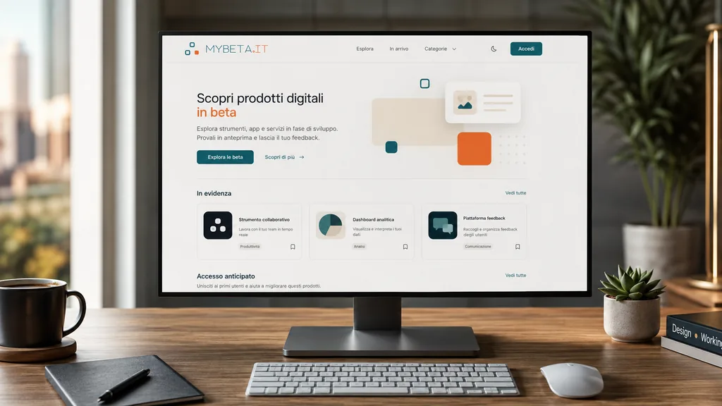 Scrivania con monitor che mostra la homepage di mybeta.it e l'elenco dei prodotti digitali in beta